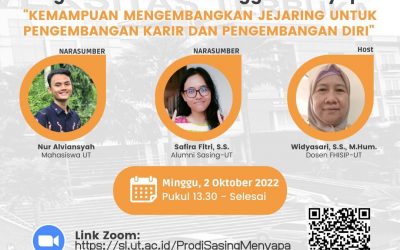 Prodi Menyapa Sastra Inggris “Kemampuan Mengembangkan Jejaring untuk Pengembangan Karir dan Pengembangan Diri” Minggu, 2 Oktober 2022 Pukul 13.30- Selesai