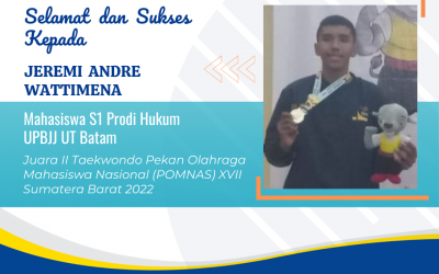 Selamat dan Sukses kepada JEREMI ANDRE WATTIMENA “Juara II Taekwondo Pekan Olahraga Mahasiswa Nasional (POMNAS) XVII Sumatera Barat 2022”