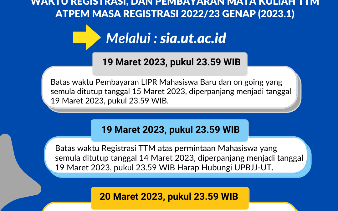 Perpanjangan Waktu Pembayaran LIPR Mata Kuliah, Waktu Registrasi, dan Pembayaran Mata Kuliah TTM Atpem Masa Registrasi 2022/23 Genap (2023.1)