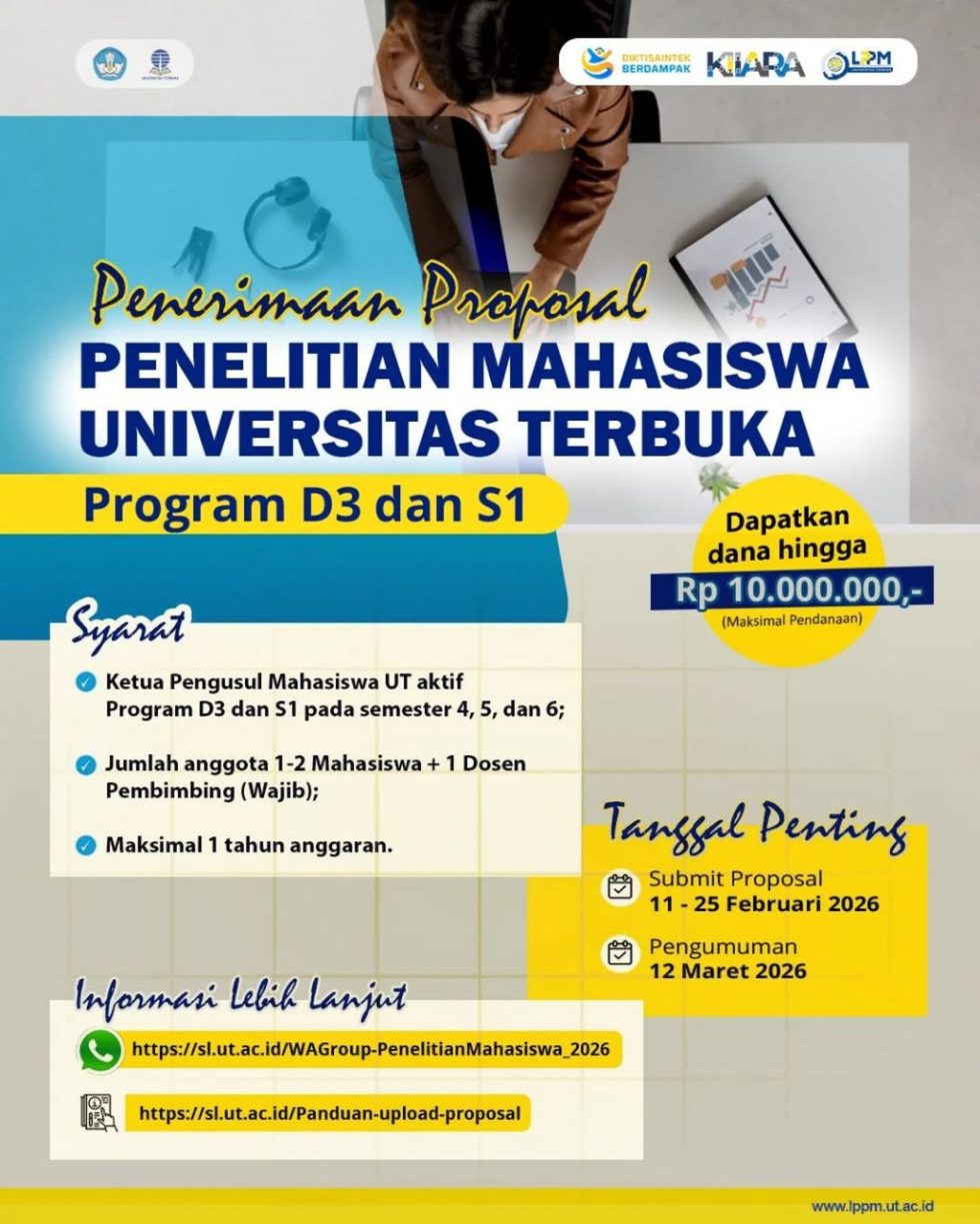 universitas terbuka palembang | penelitian program... Penerimaan Proposal Penelitian Mahasiswa UT Tahun 2026 Submit Proposal ...